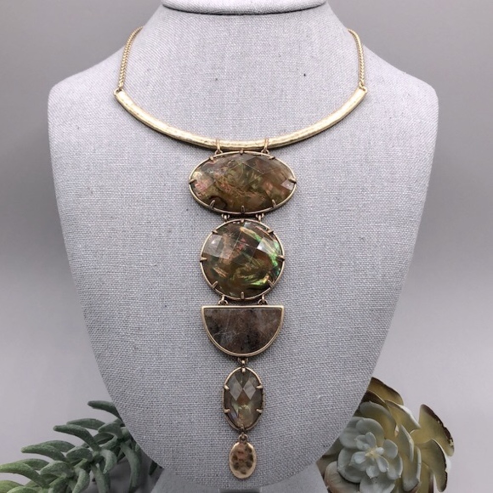 Lucky Brand Abalone And Gold Tone Hammered Bar Statement Necklace